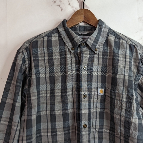 Carhartt Men Long Sleeve Medium Button Up Plaid Shirt Gray Collared Top - Picture 10 of 11